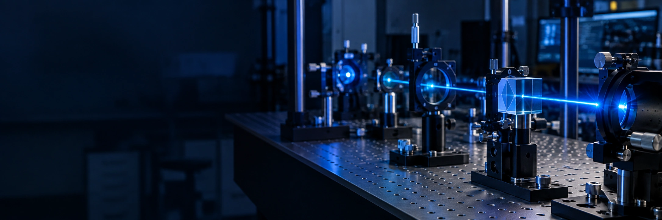 Optical table and blue laser beam: a research illustration